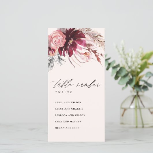 Rose Flora Pampas Grassitzplan Tischnummer (Stehend Vorderseite)