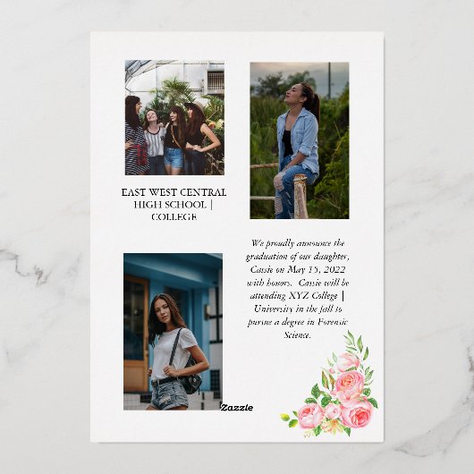 Rose Floral 4 Foto Collage Gold Frame Abschluss Folieneinladung (Rückseite)