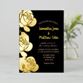 Rose Floral Boho Black Gold Foil Hochzeit Folieneinladung (Stehend vorne)