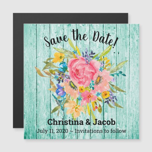 Rose Floral Bouquet Aqua Save the Date Magnetkarte (Vorne/Hinten)