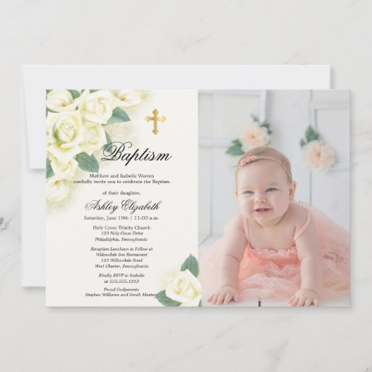 Rose Floral Bouquet Foto Taufe Feier Einladung (Vorderseite)