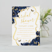 Rose Floral Butterfly Navy Gold Brautparty Folieneinladung (Stehend vorne)