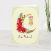 Rose Floral Crescent Islamische Laterne Eid Mubara Karte (Vorderseite)