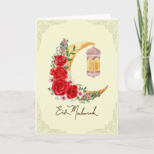 Rose Floral Crescent Islamische Laterne Eid Mubara Karte (Vorderseite)