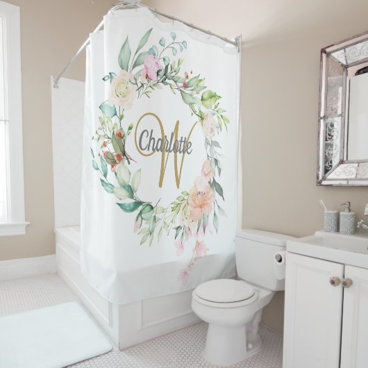 Rose Floral Elegante Gold Script Monogram Duschvorhang (Beispiel)