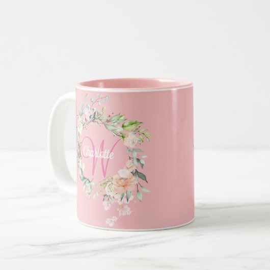Rose Floral Elegantes Script Monogram Pink Zweifarbige Tasse (Vorderseite Links)