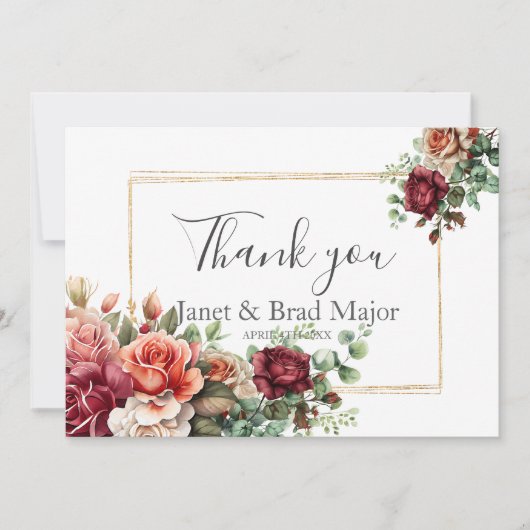 Rose Floral Eucalyptus Wedding Vielen Dank Dankeskarte (Vorderseite)