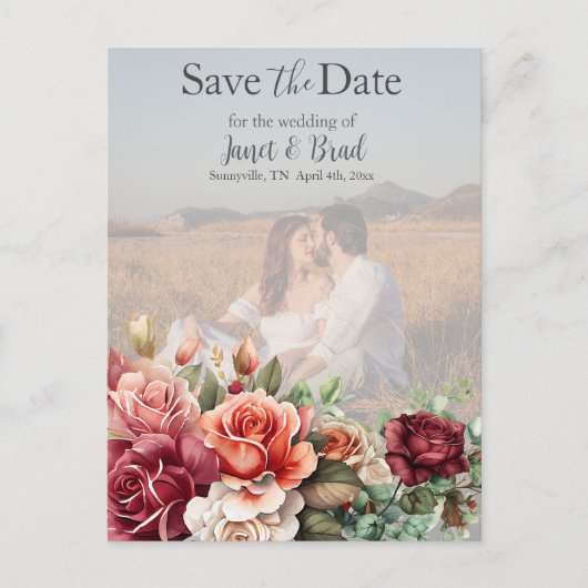 Rose Floral Eukalyptus Save the Date Foto Postkarte (Vorderseite)