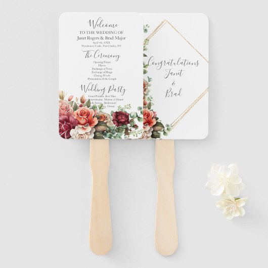 Rose Floral Eukalyptus Wedding Program Fächer (Vorne und Hinten)