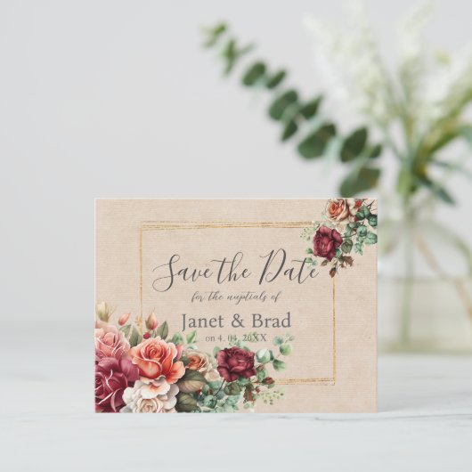 Rose floral Eukalyptus Wedding Save the Date Postkarte (Stehend Vorderseite)