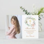 Rose Floral Garland Bestätigung Foto Gold Script Dankeskarte (Stehend Vorderseite)