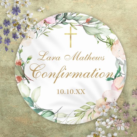 Rose Floral Garland Gold Script Bestätigung Runder Aufkleber