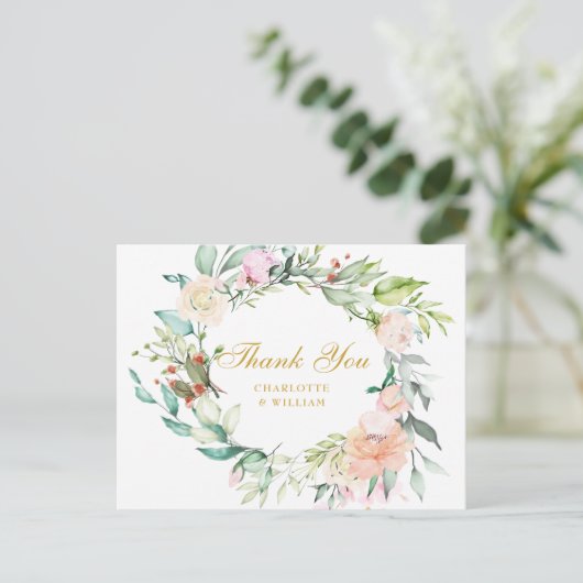 Rose Floral Garland Gold Script Vielen Dank Postkarte (Stehend Vorderseite)