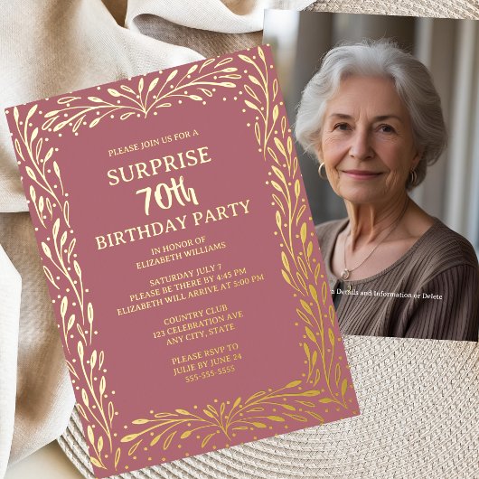 Rose Floral Glam 70. Custom Überraschung Geburtsta Folieneinladung