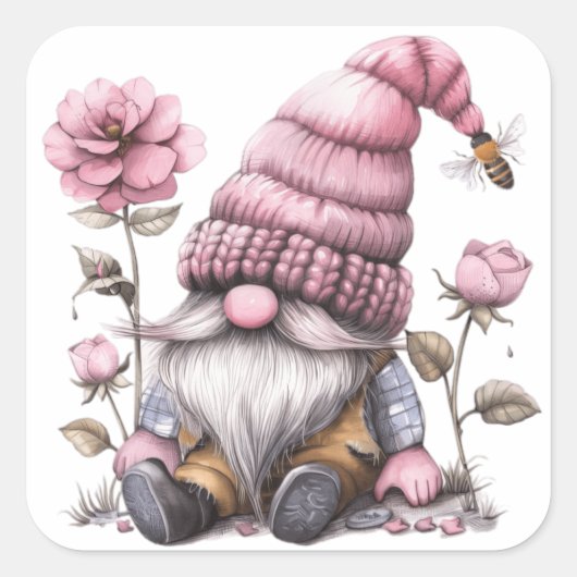 Rose Floral Gnome Quadratischer Aufkleber (Vorderseite)