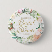 Rose Floral Gold Script Hochzeitsskripte Brautpart Button (Vorderseite)