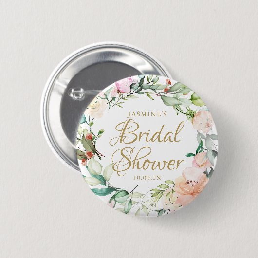 Rose Floral Gold Script Hochzeitsskripte Brautpart Button (Vorne & Hinten)