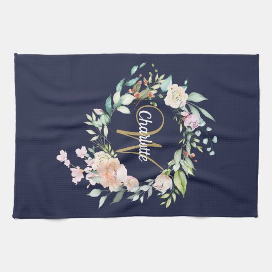 Rose Floral Gold Script Monogram Navy Blue Geschirrtuch (Horizontal)