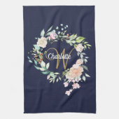 Rose Floral Gold Script Monogram Navy Blue Geschirrtuch (Vertikal)