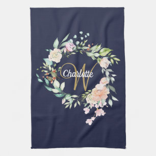 Rose Floral Gold Script Monogram Navy Blue Geschirrtuch