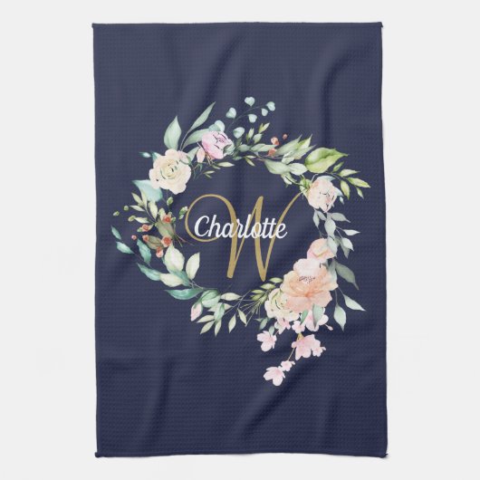 Rose Floral Gold Script Monogram Navy Blue Geschirrtuch (Vertikal)