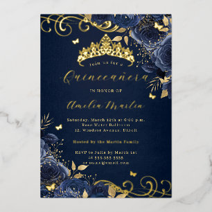 Rose Floral Gold Swirl Quinceanera Folieneinladung