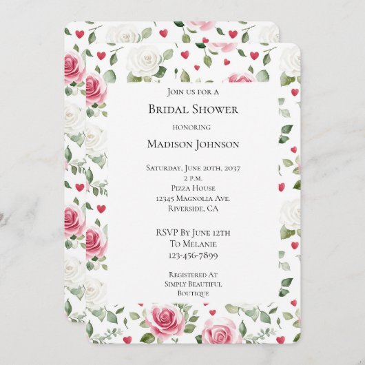 Rose Floral Hearts Brautparty Einladung (Vorne/Hinten)