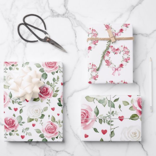 Rose Floral Hearts Brautparty Geschenkpapier Set (Vorderseite)
