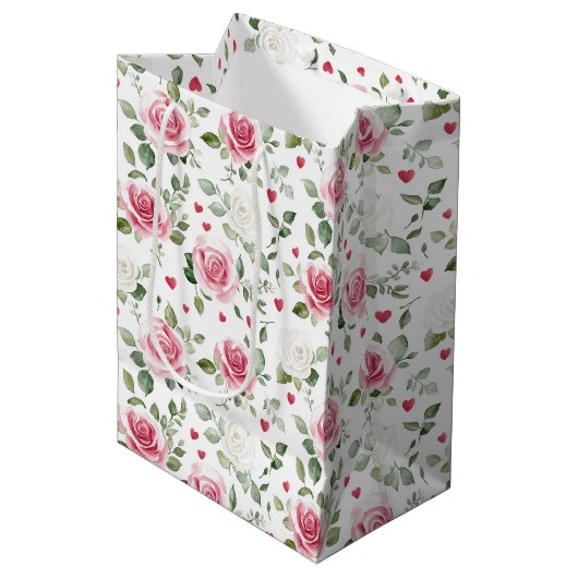 Rose Floral Hearts Brautparty Mittlere Geschenktüte (Vorderseite Schrägansicht)