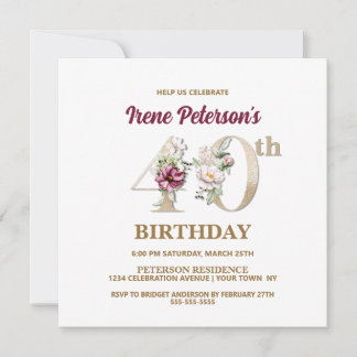 Rose Floral I 40. Geburtstag Party Einladung