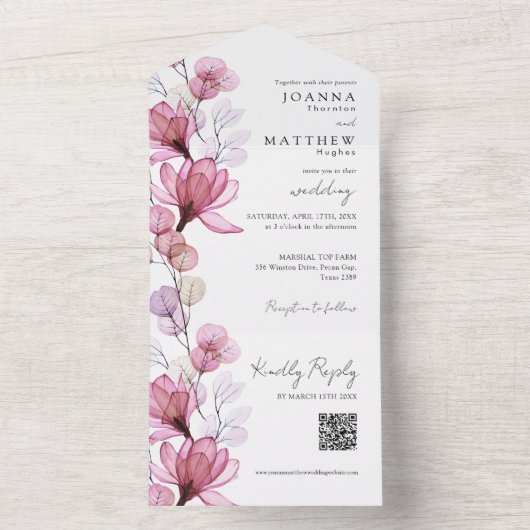 Rose Floral Monogram QR Code Hochzeit All In One Einladung (Innen Boden)