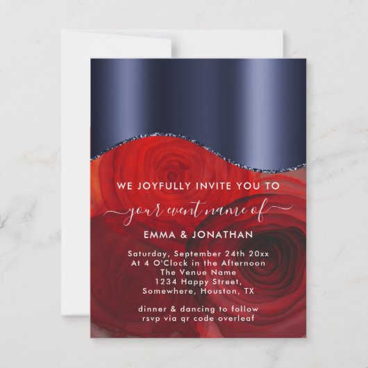 Rose Floral QR Code Blue Navy Red (Vorderseite)