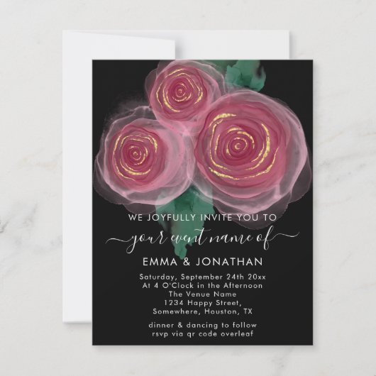 Rose Floral QR Code Gold Burgundy Black (Vorderseite)