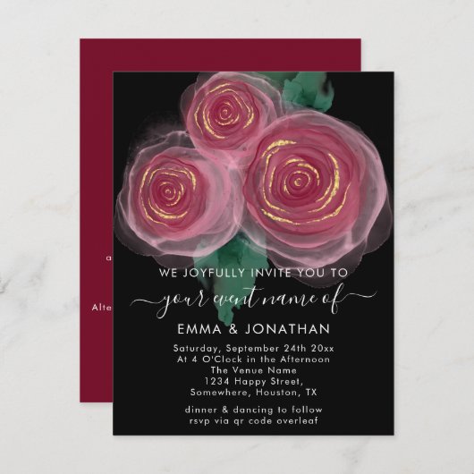 Rose Floral QR Code Gold Burgundy Black (Vorne/Hinten)