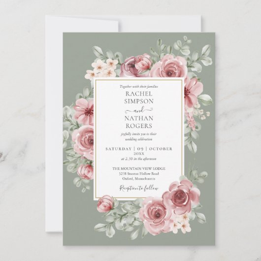Rose Floral QR Code Sage Green Wedding Einladung (Vorderseite)