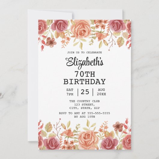 Rose Floral Terracotta Brown 70. Geburtstag Einladung (Vorderseite)