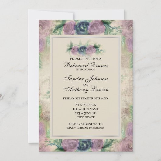 Rose Floral Watercolor Hochzeitsessen Probe Einladung (Vorderseite)