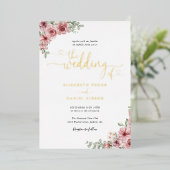 Rose Floral Wedding Hearts Script Gold Folieneinladung (Stehend vorne)