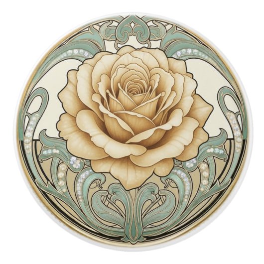 Rose Flower Green Cream Gold Art Deco Nouveau Keramikknauf (Vorderseite)