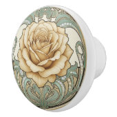 Rose Flower Green Cream Gold Art Deco Nouveau Keramikknauf (Rechts)