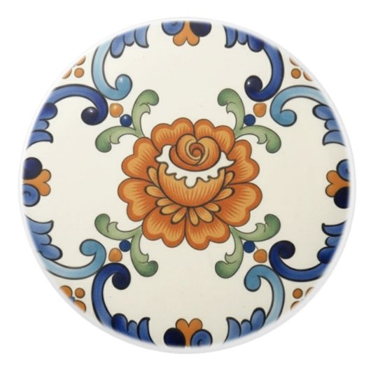 Rose Flower Mediterranean Blue Orange Cream Keramikknauf (Vorderseite)