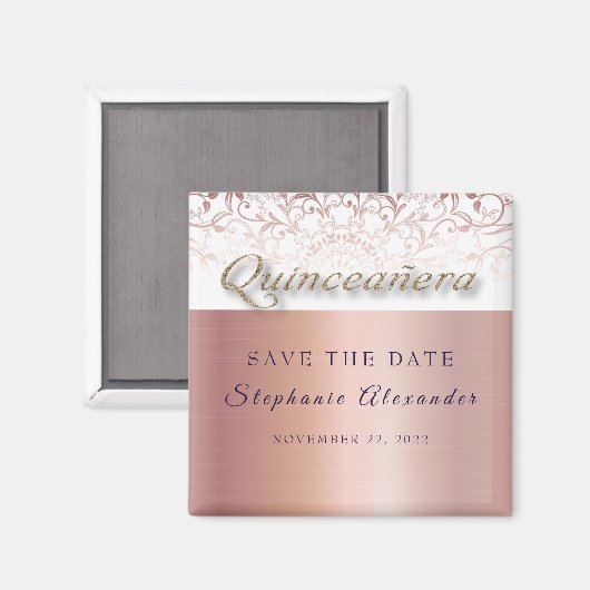 Rose Folie Spitze Quinceanera Save the Date elegan Magnet (Vorderseite/Rückseite)