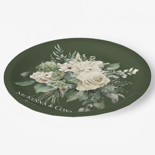Rose Forest Green und Cream Pappteller (Schrägansicht)