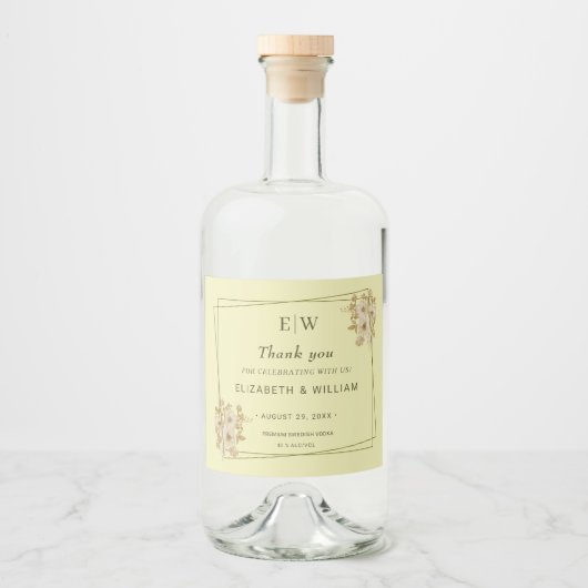 Rose Frame – Monogram Celestial Yellow Wedding Alkoholflaschenetikett (Vorderseite)