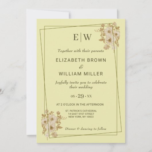 Rose Frame – Monogram Celestial Yellow Wedding Einladung (Vorderseite)