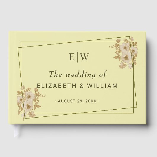 Rose Frame – Monogram Celestial Yellow Wedding Gästebuch (Vorderseite)