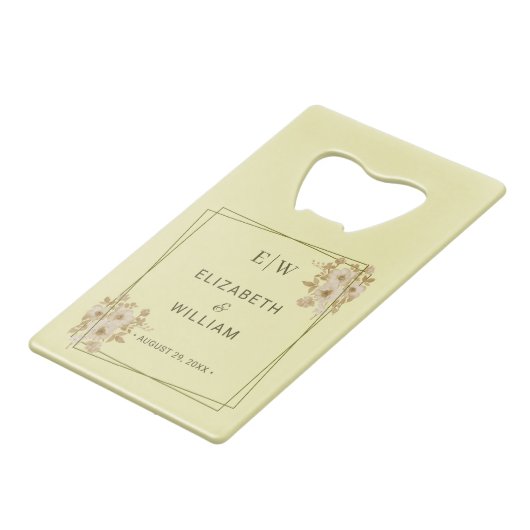 Rose Frame – Monogram Celestial Yellow Wedding Geldbeutel Flaschenöffner (Vorderseite Schrägansicht)