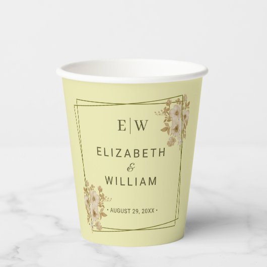 Rose Frame – Monogram Celestial Yellow Wedding Pappbecher (Vorderseite)