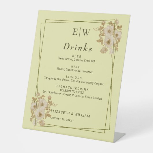 Rose Frame – Monogram Celestial Yellow Wedding Sockelschild (Vorderseite)