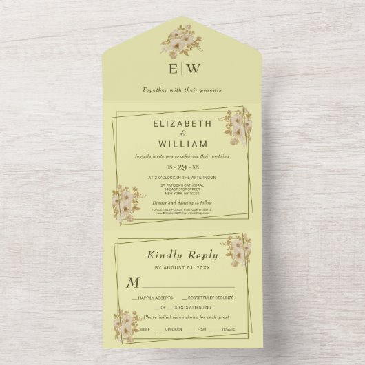 Rose Frame – Monogramm Himmelsgelb Hochzeit All In One Einladung (Innen Boden)
